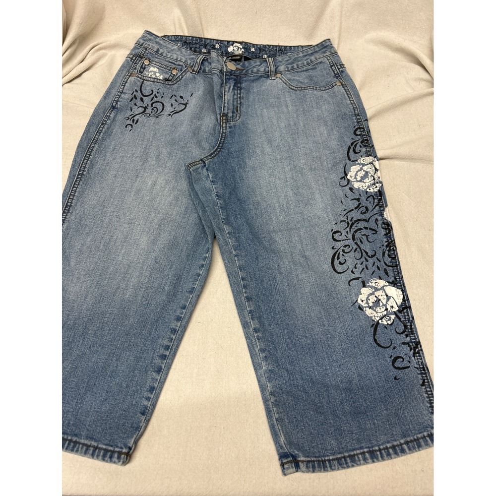 Vintage Willi Smith Embellished Floral Capri Jeans Blue Denim Size 10